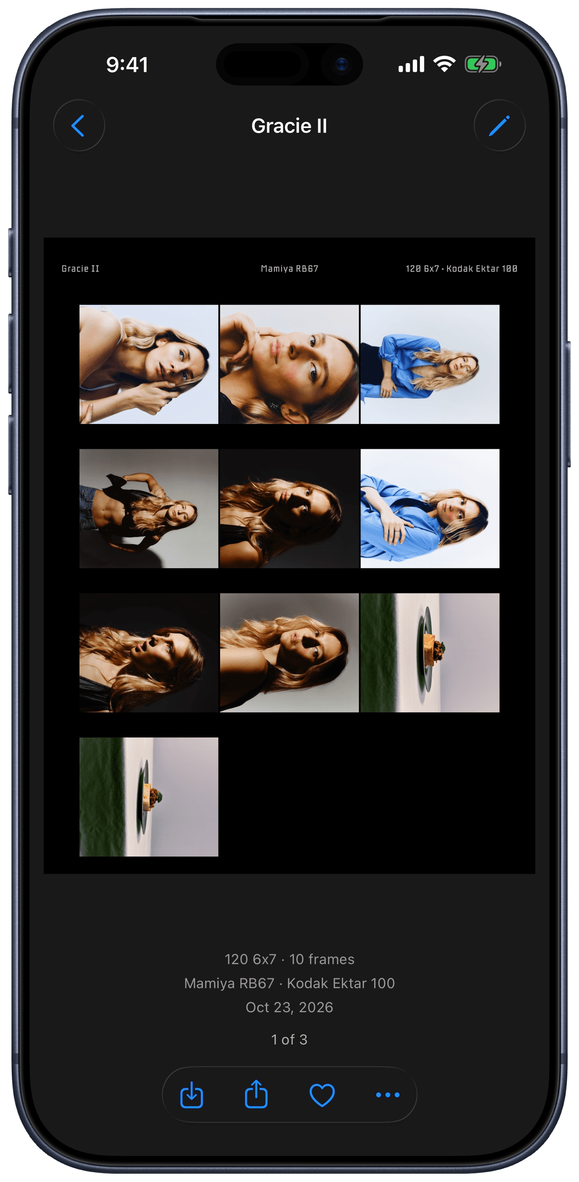 Saved contact sheet opened from the Gallery with save, share, and favorite actions