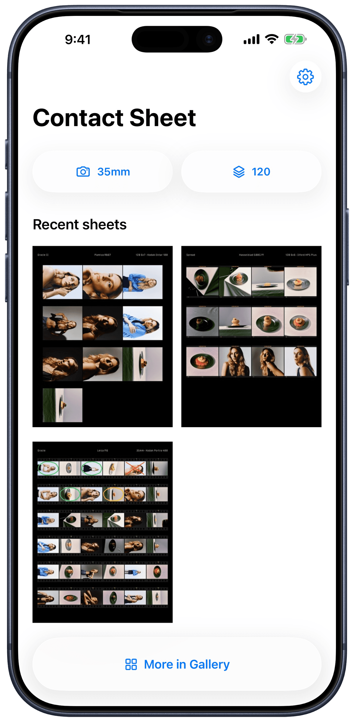Contact Sheet app home screen with 35mm and 120 shortcuts and recent sheets