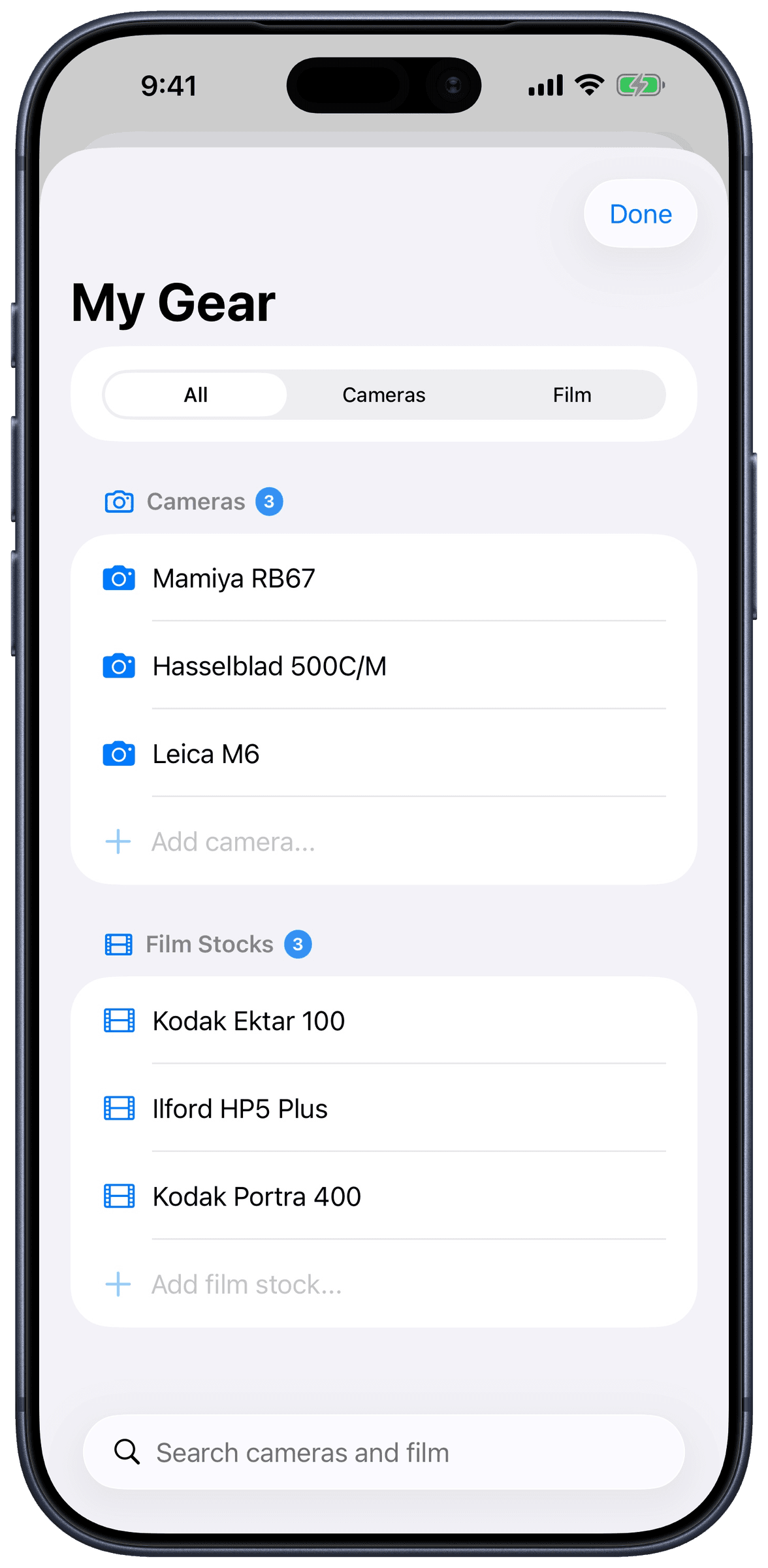My Gear screen listing saved cameras and film stocks