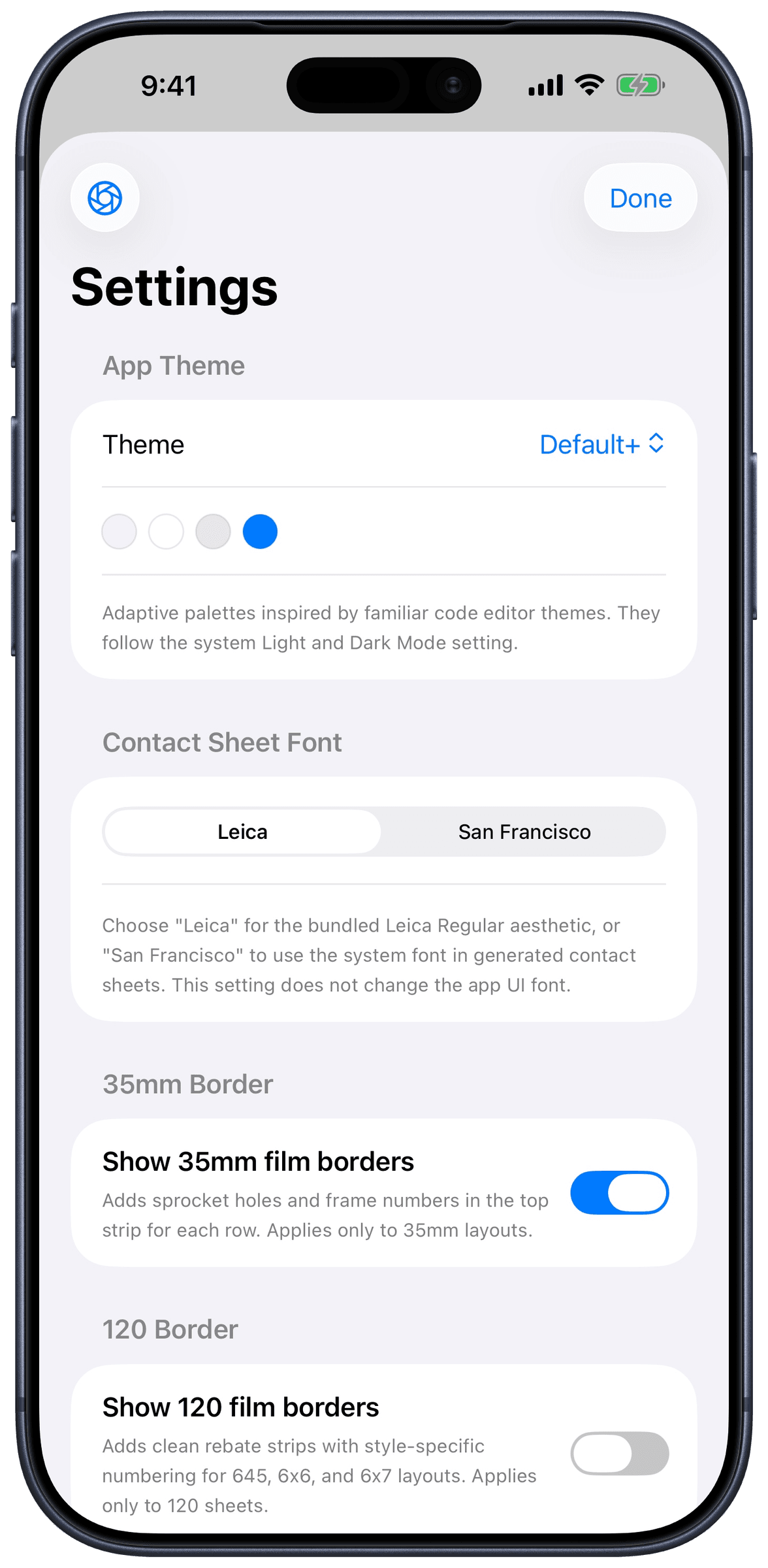 Settings screen with app theme, fonts, and film border options